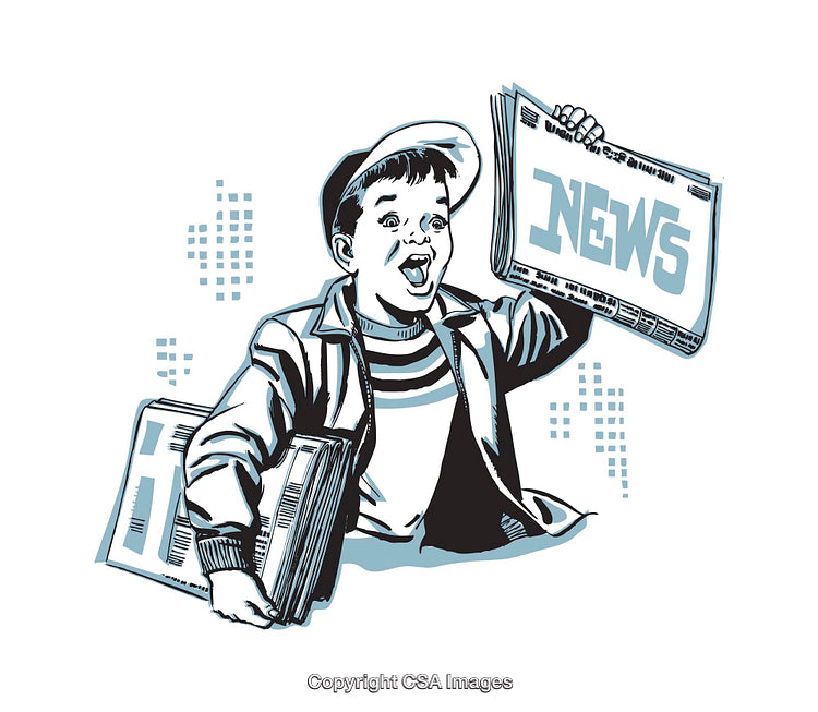 Vintage Illustration of a Newsboy Holding Newspapers and Shouting Headlines