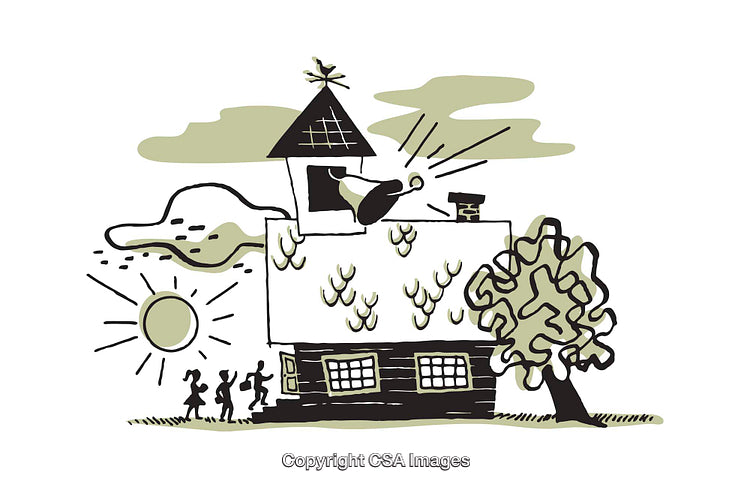 Illustration of a Rural Schoolhouse with Children and Natural Surroundings