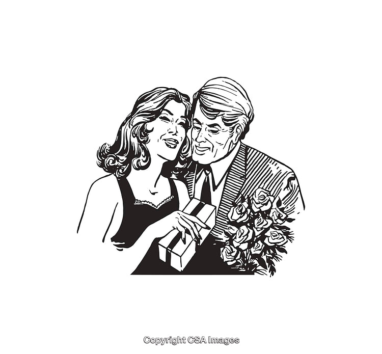 Black and White Vintage Illustration of a Couple Exchanging Gifts and Flowers