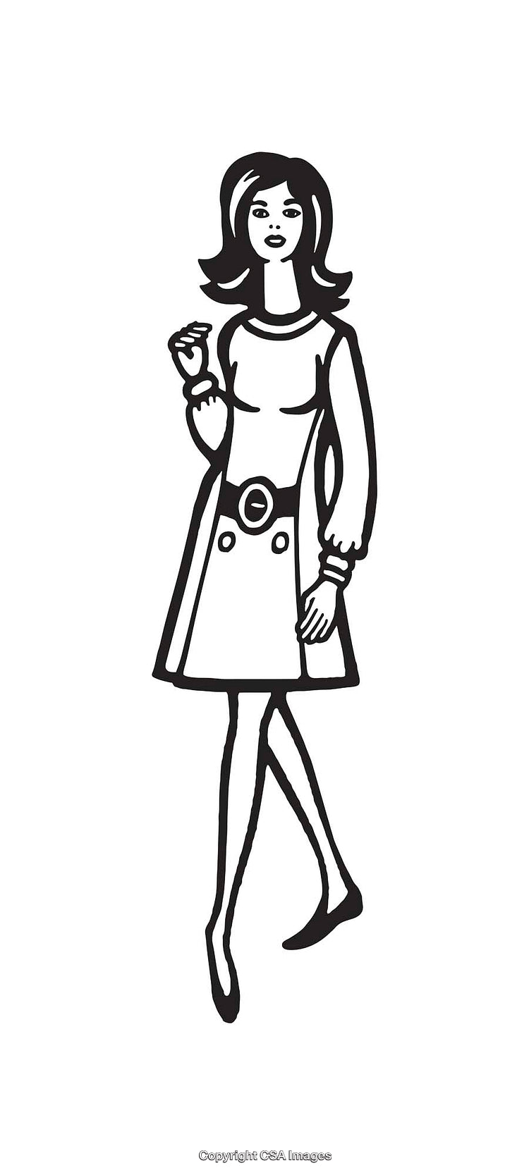Black and White Retro Line Art of a Stylish Woman in Dress