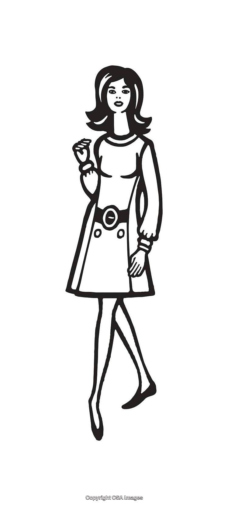 Black and White Retro Line Art of a Stylish Woman in Dress