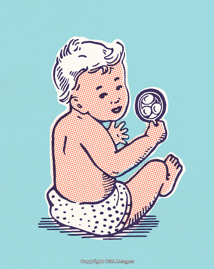 Vintage Illustration of a Baby Sitting on Blue Background with Polka Dot Diaper