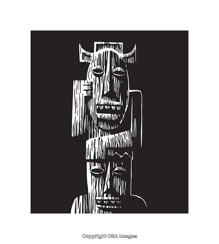 Intricate Black and White Line Art Depicting Face Carvings Inspired by Totems