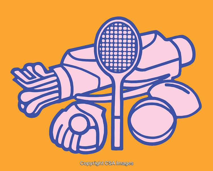 Colorful Line Art Illustration of Sports Equipment on Orange Background