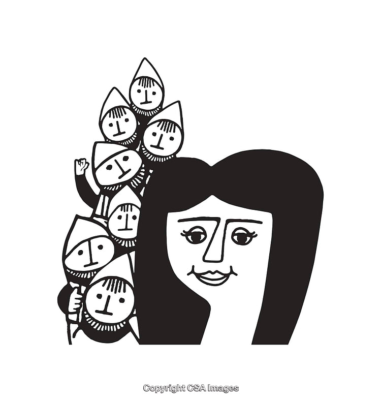 Black and White Line Art Featuring a Woman and Several Small Figures