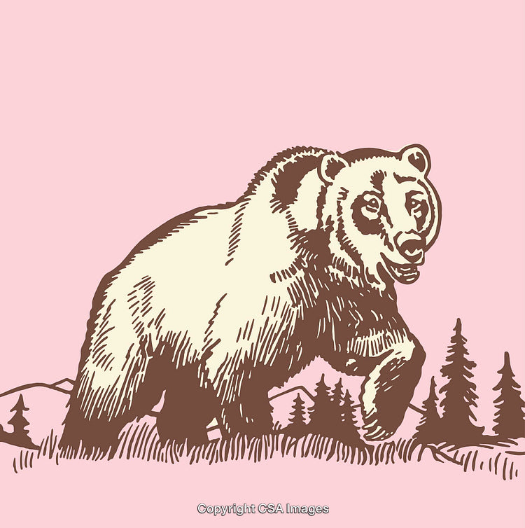 Illustrated Brown Bear in Nature Scene with Forest and Mountains