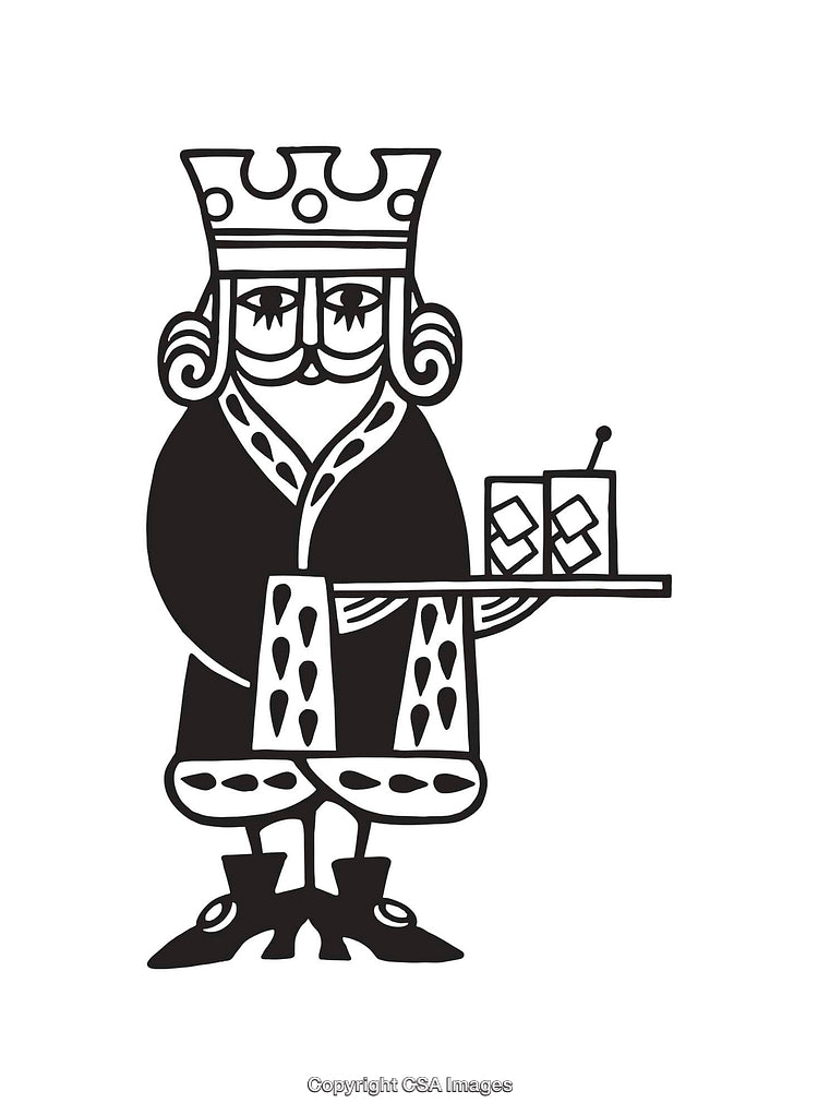 King Illustrated in Classic Line Art Style Carrying A Tray of Drinks