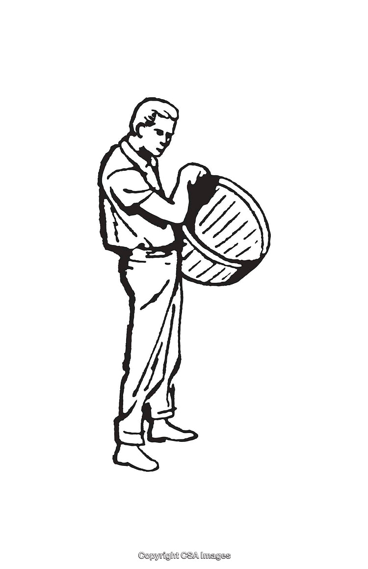 Vintage Black and White Illustration of a Man Holding a Barrel