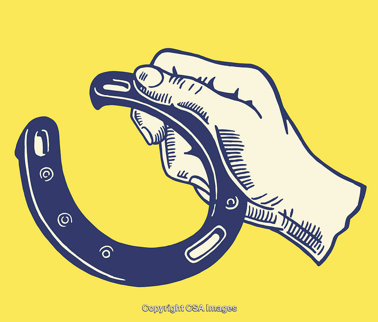 Hand Holding Horseshoe Illustration on Vibrant Yellow Background