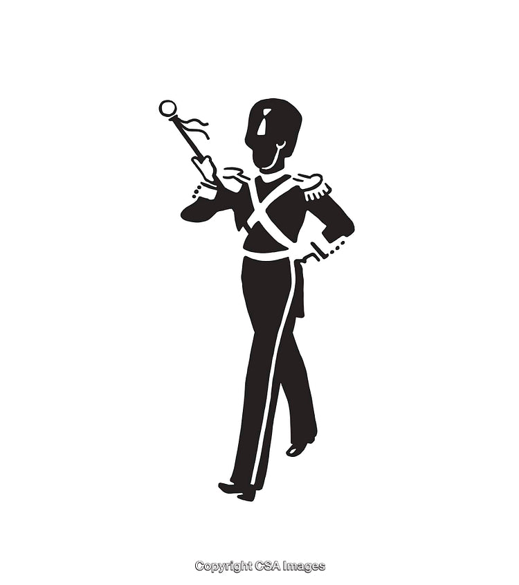 Black And White Illustration of Marching Band Leader Holding Baton