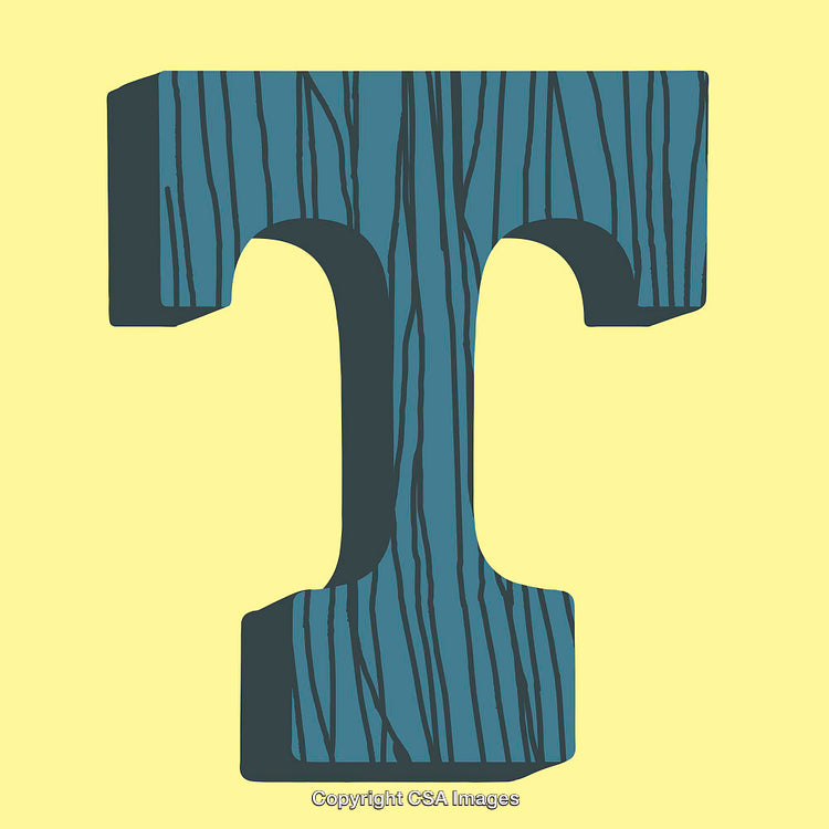 Blue Wooden Textured Letter T on a Yellow Background