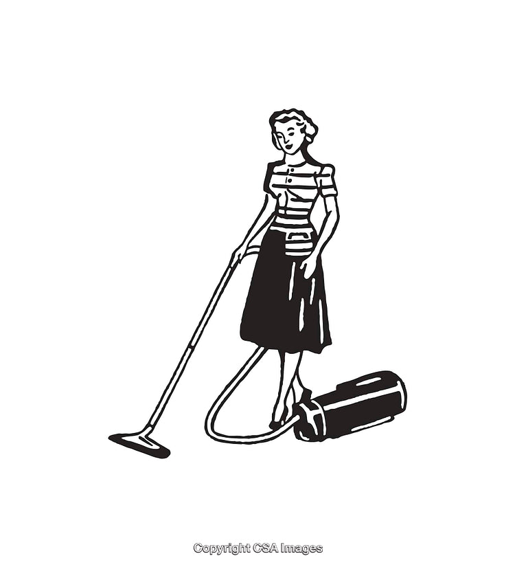 Retro Line Art Woman Vacuuming with Vintage Appliance Illustration