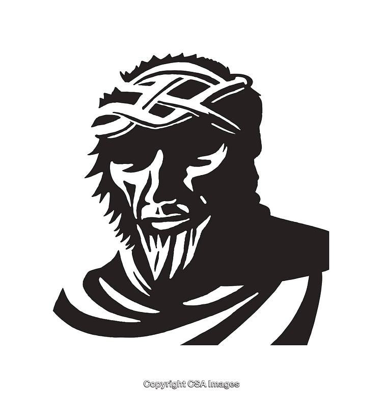 Black and White Line Art of Crowned Figure in Thoughtful Pose
