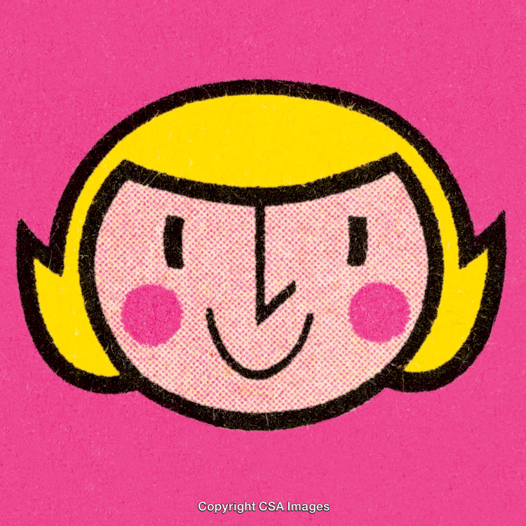 Retro Cartoon Woman Illustration with Blush Cheeks on Pink Background