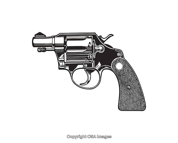 Black and White Line Art Illustration of a Vintage Revolver