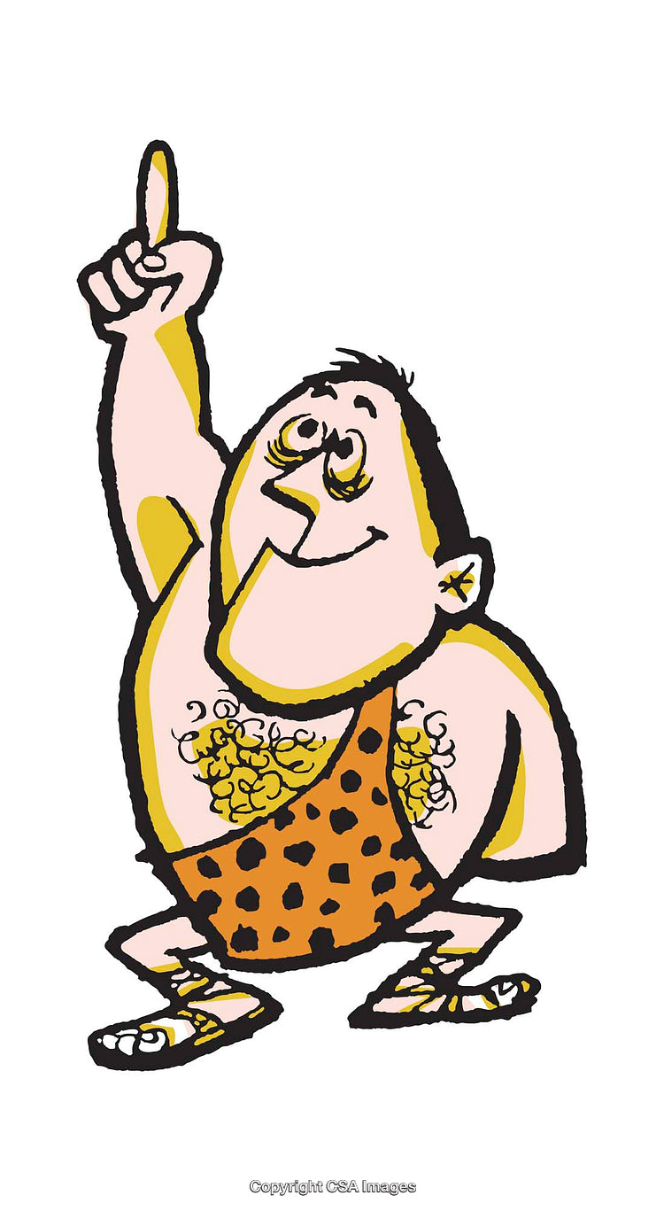 Playful Cartoon Caveman in Illustration Pointing Upward