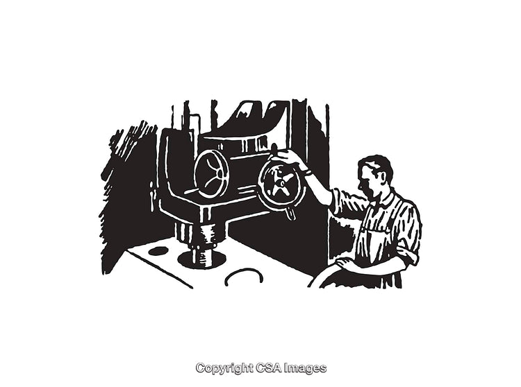Vintage Black and White Industrial Worker Operating Machinery Illustration