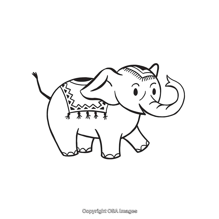 Cute Line Drawing Illustration of an Elephant with Tribal Decorations