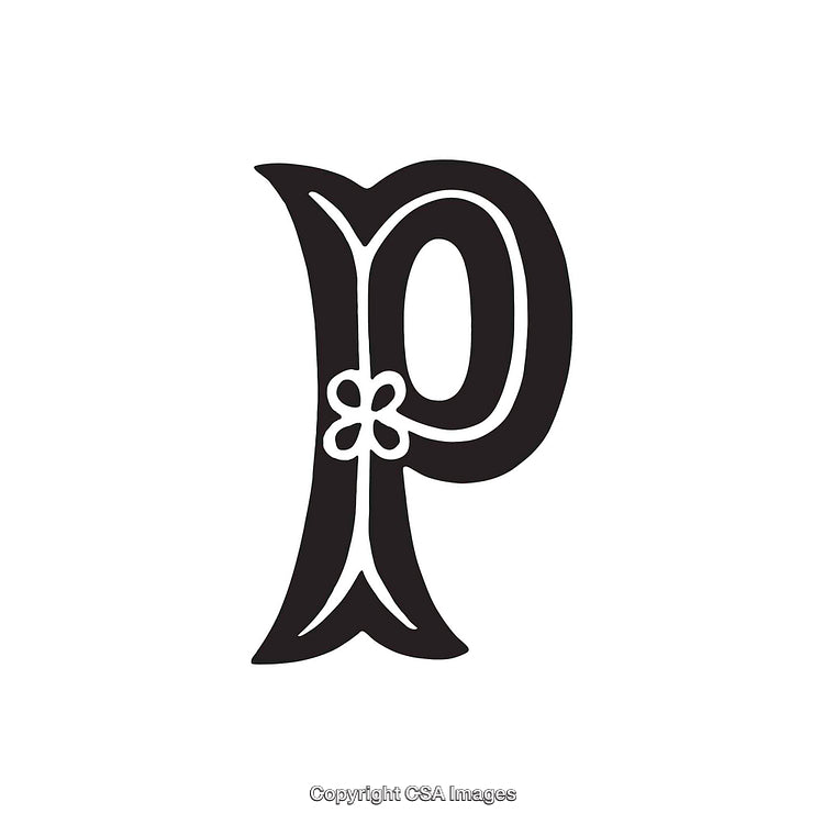 Decorative Letter P With Floral Element in Black and White Style