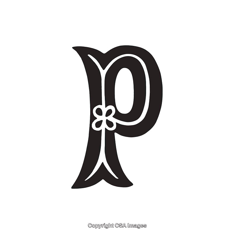 Decorative Letter P With Floral Element in Black and White Style
