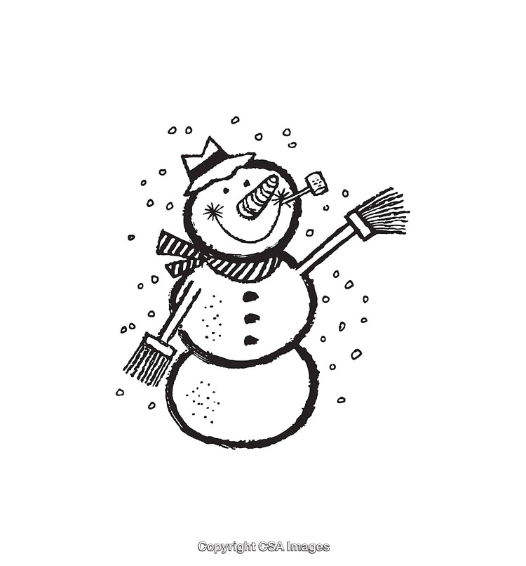 Cheerful Snowman Line Art Illustration with Scarf and Broomsticks