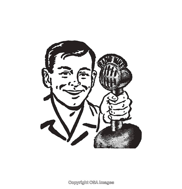 Retro Styled Illustration of Happy Man Holding a Vintage Microphone