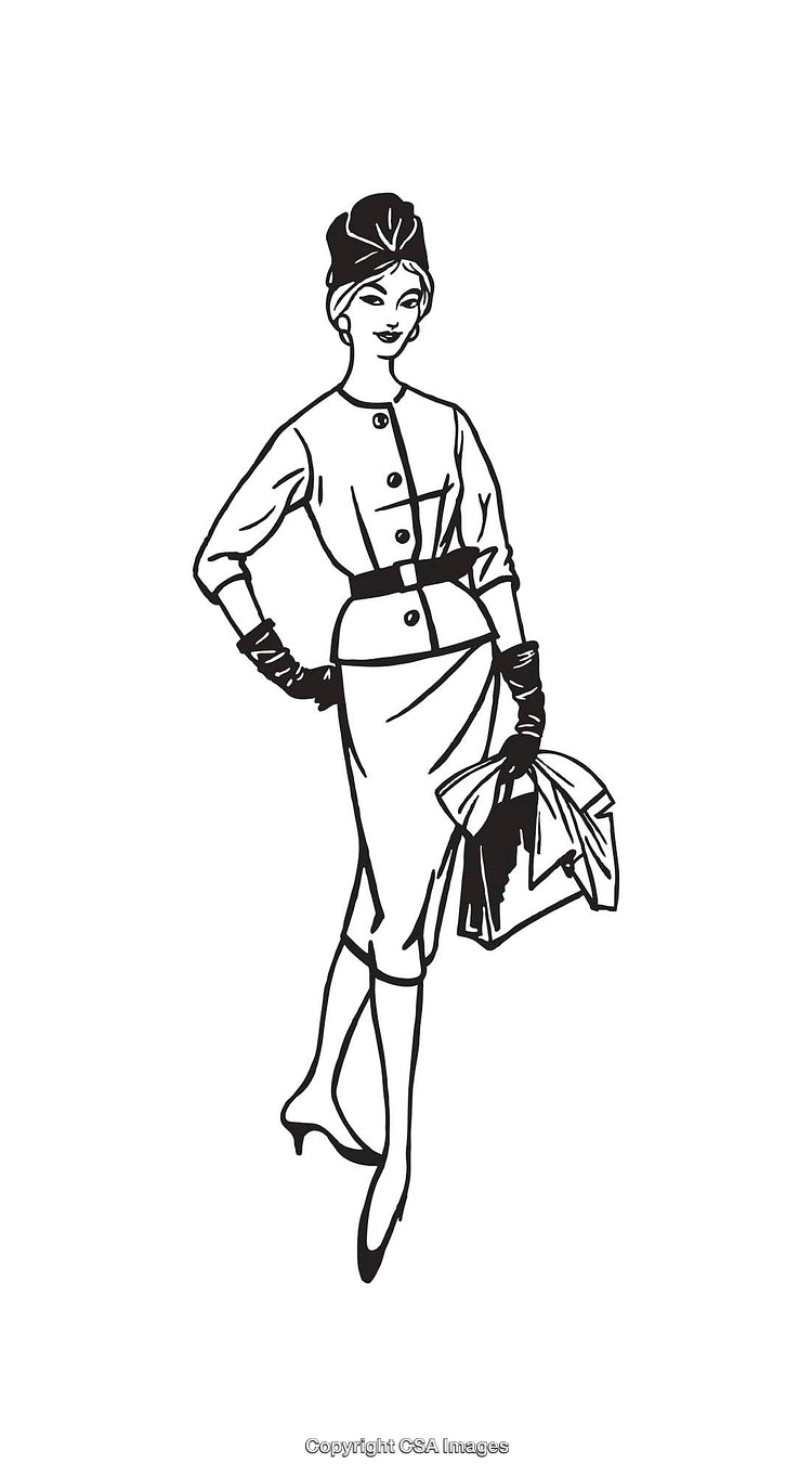 Vintage Black and White Drawing of a Stylish Woman with Accessories