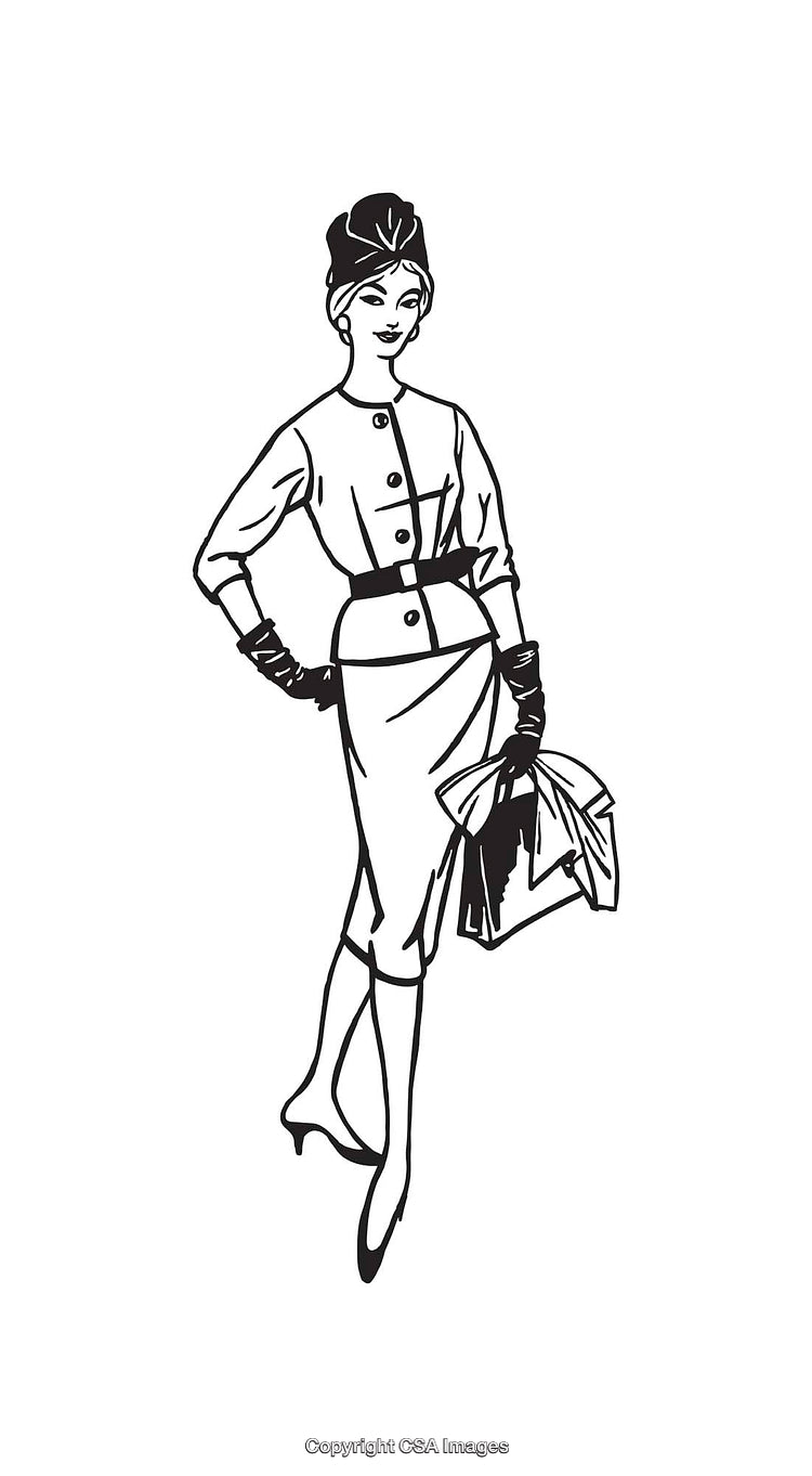 Vintage Black and White Drawing of a Stylish Woman with Accessories