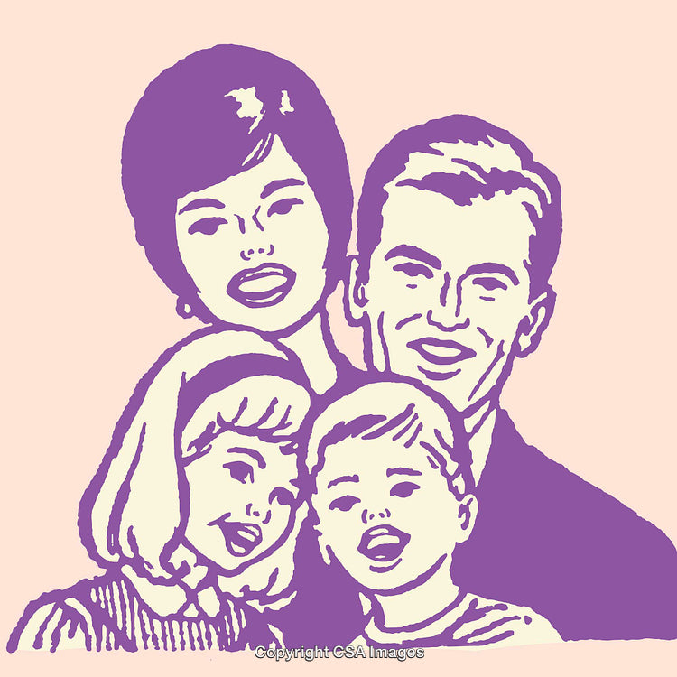 Retro Style Color Line Art Family Illustration Showing Happy Togetherness