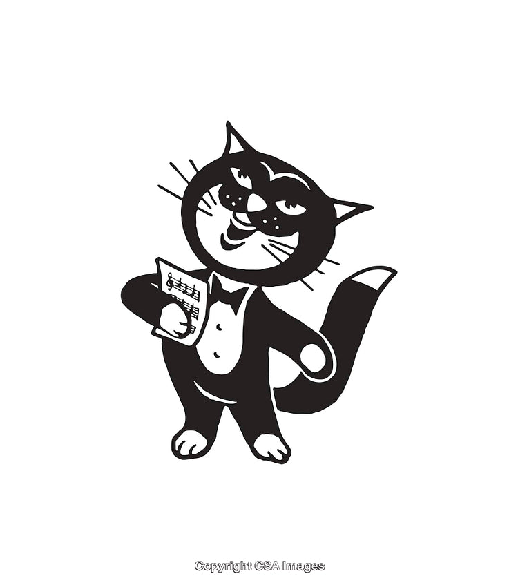 Charming Black And White Illustration of a Musical Cat Holding Sheet Music