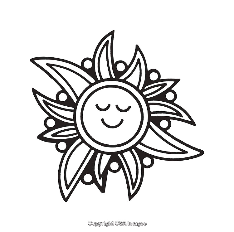 Smiling Sun Line Art with Decorative Rays and Delicate Detailing