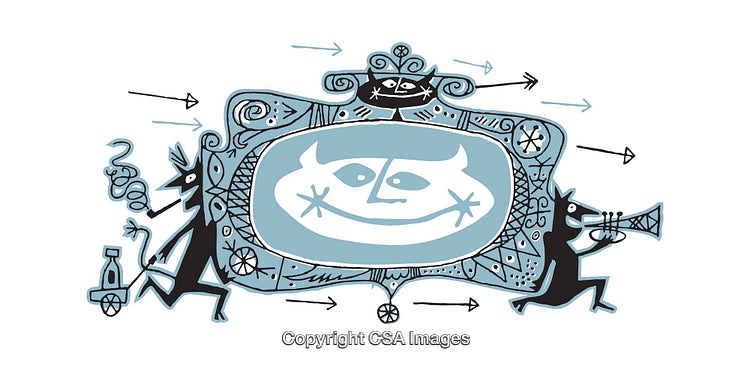 Whimsical Illustration with a Devilish Smile and Abstract Characters in Motion