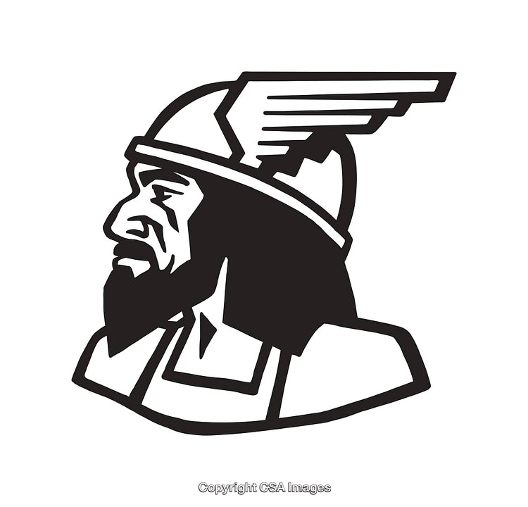 Classic Black and White Line Art of Winged Helmet Figure