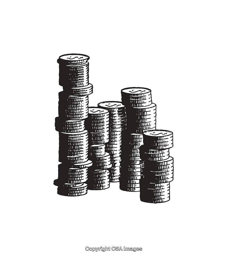 Vintage Etching Illustration of Piles of Stacked Coins in Black and White