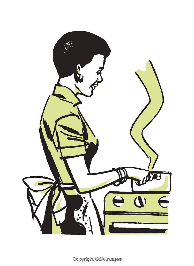 Illustration of a Woman Cooking in a Retro Style Kitchen