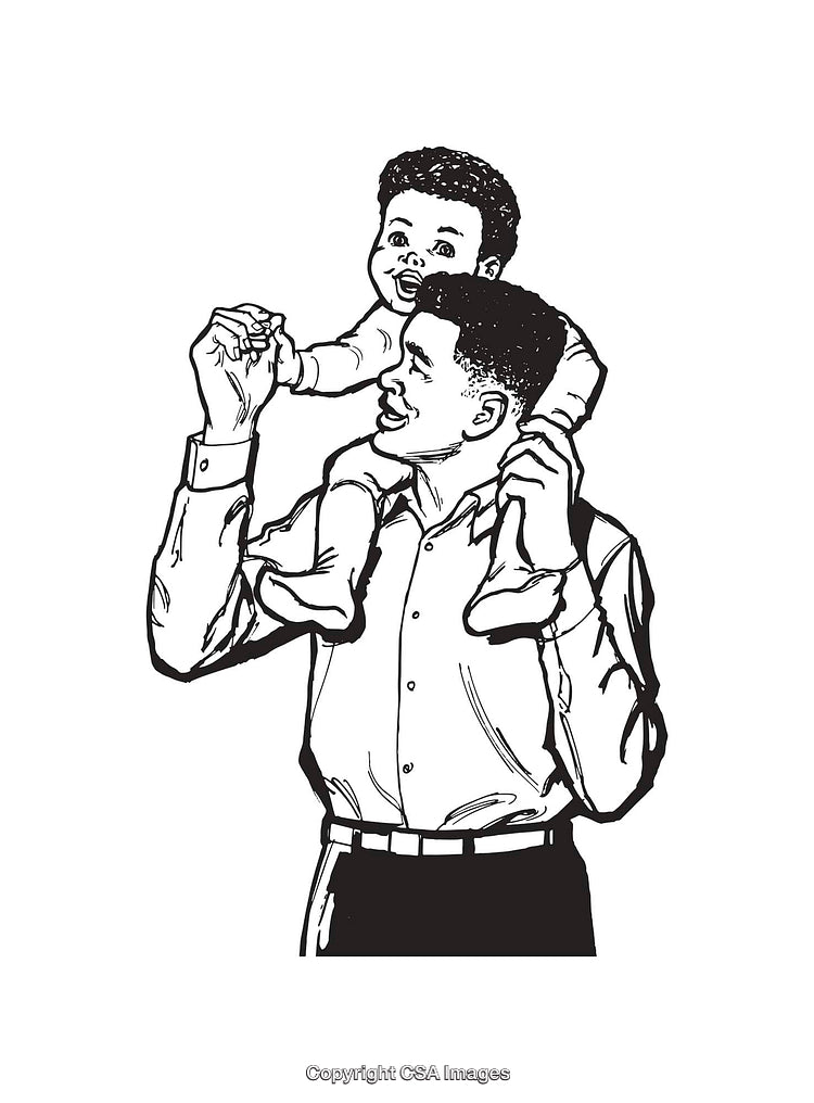 Father Carrying Child on Shoulders, Black and White Line Art Illustration