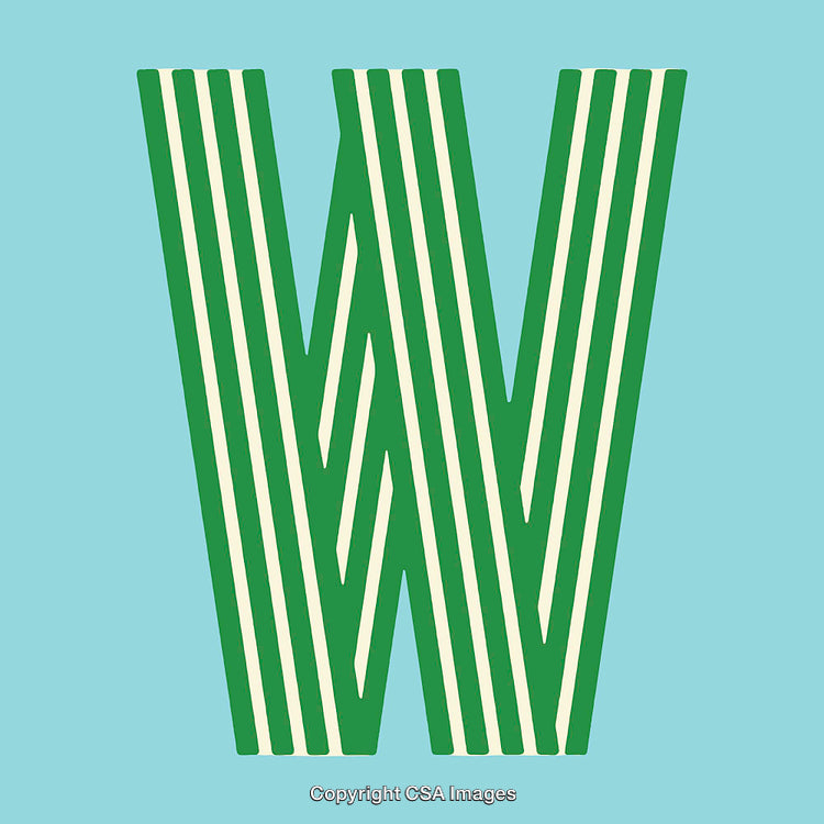Graphic Illustration of Letter W with Green Stripes on Blue Background
