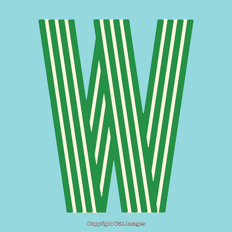 Graphic Illustration of Letter W with Green Stripes on Blue Background