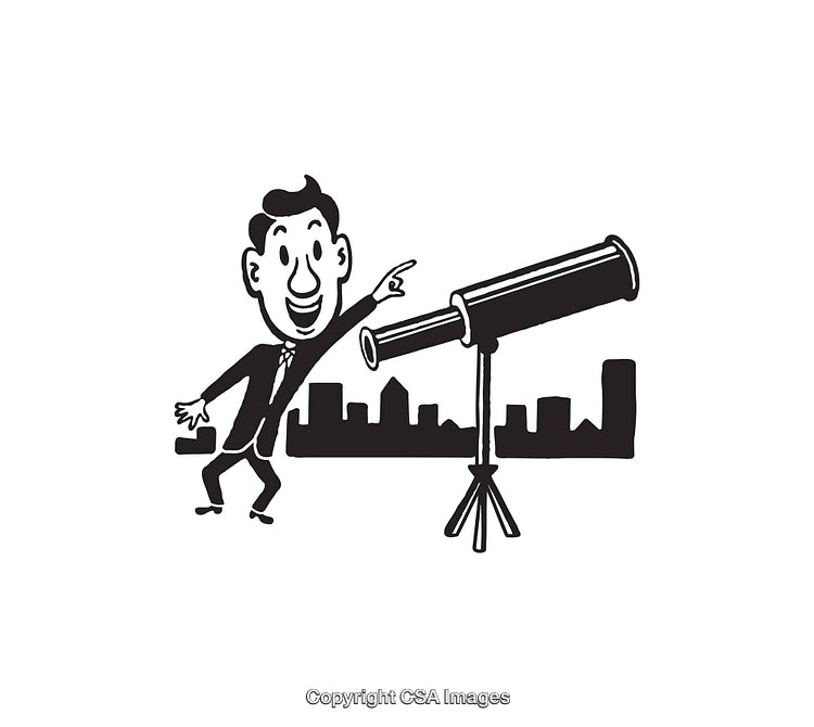Businessman Enthusiastically Gestures Towards Telescope with City Silhouette in Background