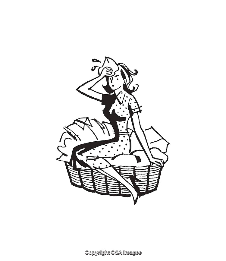Retro Line Art Illustration of a Woman Sitting on a Laundry Basket