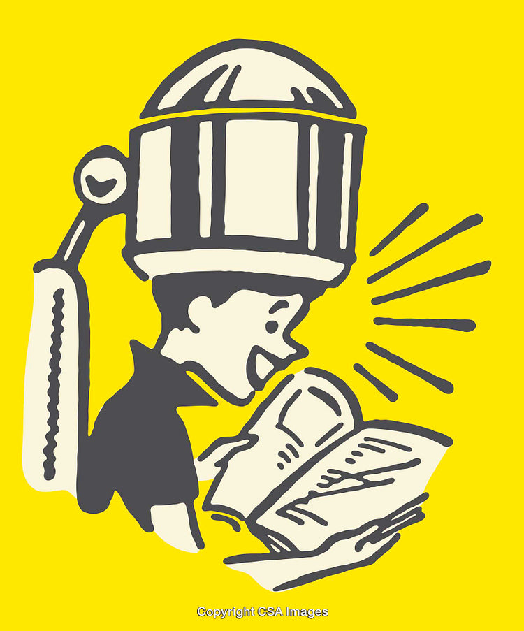 Retro Illustration of a Boy Reading Under a Dryer Machine in Yellow