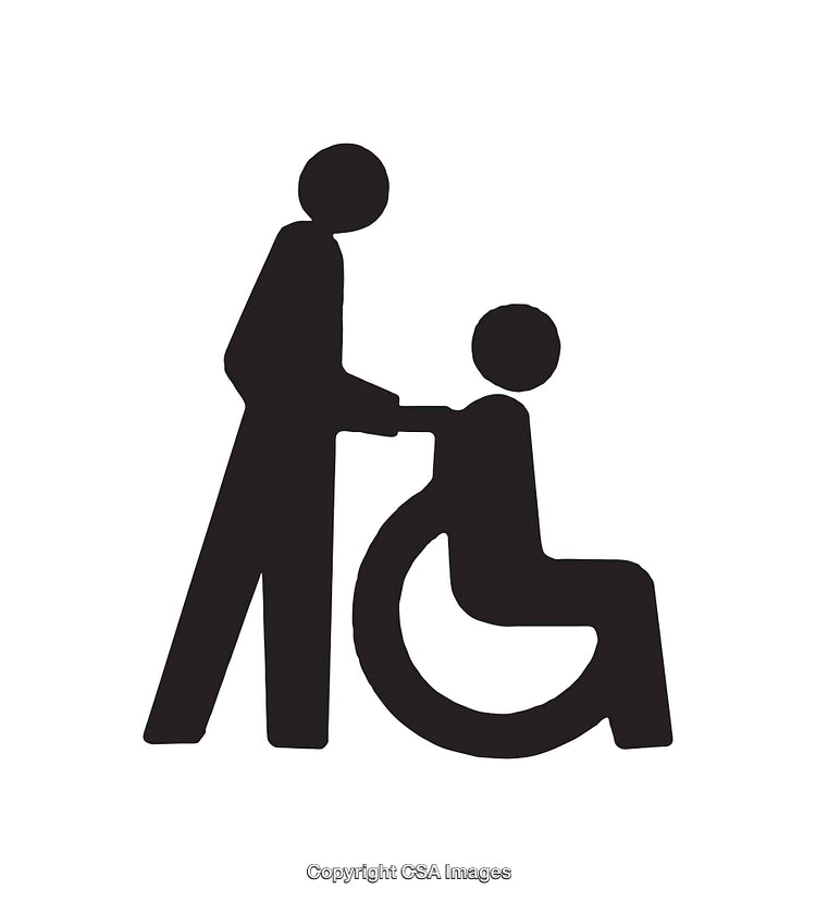 Black and White Icon Depicting Wheelchair Assistance and Support