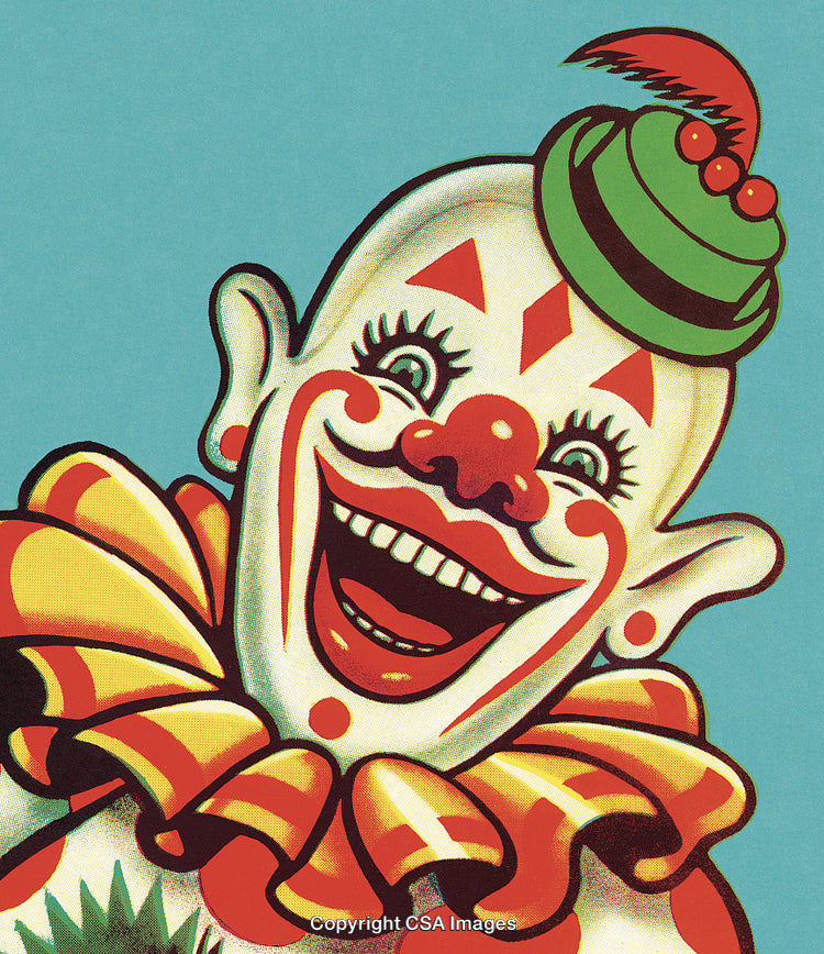 Colorful Vintage Clown Illustration with Bright Face Paint and Happy Expression