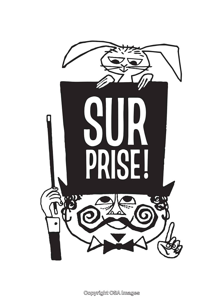 Black-and-White Line Illustration with Surprise Message and Characters