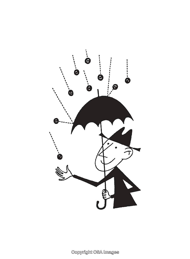 Black and White Cartoon of a Man Shielding Raindrops with an Umbrella
