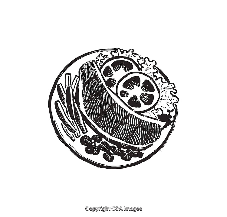 Black and White Illustration of a Seafood Dish with Vegetables