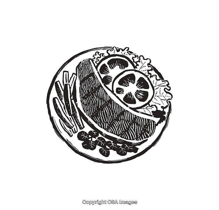 Black and White Illustration of a Seafood Dish with Vegetables