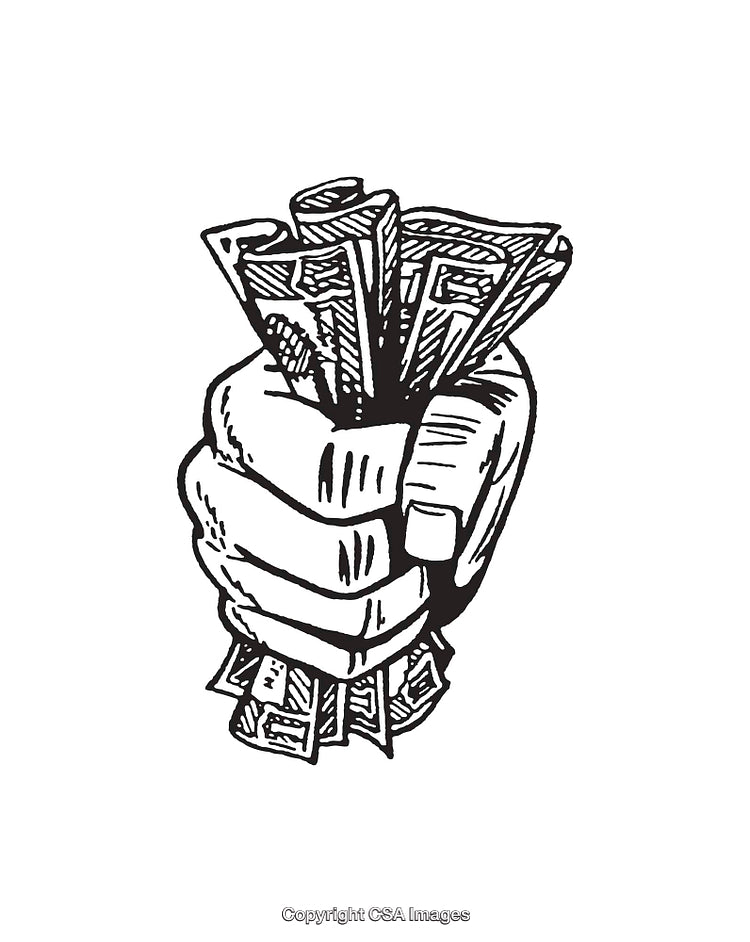 Black And White Illustration of Hand Holding Stacks of Currency Notes Firmly