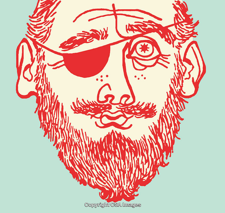 Vibrant Red Line Art Illustration of a Bearded Pirate with an Eyepatch
