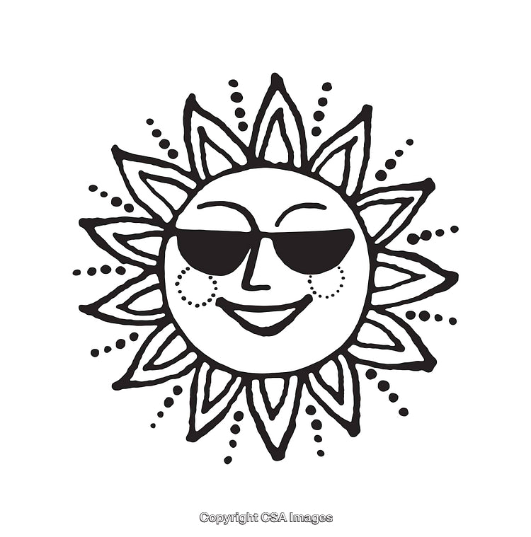Smiling Sun Illustration with Black and White Line Art and Sunglasses